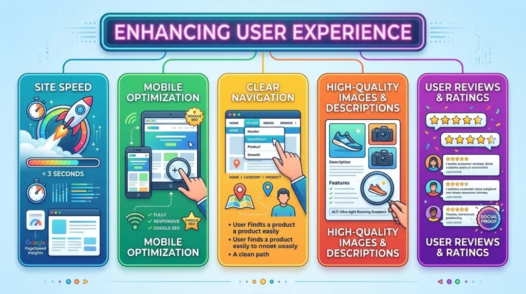 A 5-column infographic outlining key strategies to enhance user experience, including Site Speed, Mobile Optimization, Clear Navigation, High-Quality Visuals, and User Reviews.