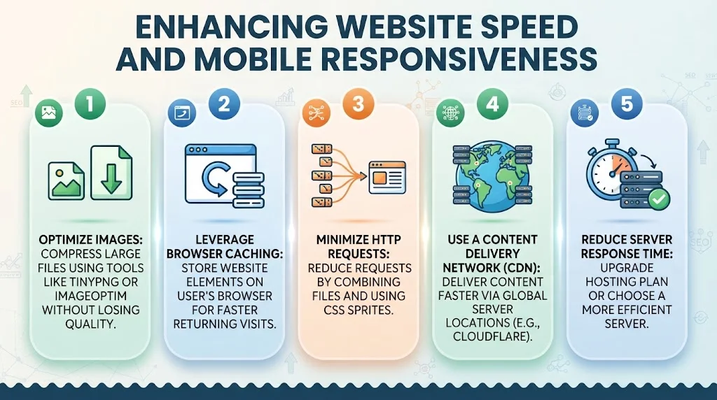 Infographic outlining five key strategies for enhancing website speed and mobile responsiveness, such as optimizing images and using a CDN.