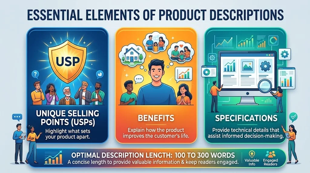 An infographic titled "ESSENTIAL ELEMENTS OF PRODUCT DESCRIPTIONS" featuring three core sections: Unique Selling Points (USPs), Benefits, and Specifications, along with a bottom banner recommending an optimal length of 100 to 300 words.