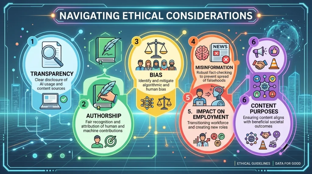 An infographic titled "NAVIGATING ETHICAL CONSIDERATIONS" featuring six interconnected circles with modern icons and text, covering TRANSPARENCY, AUTHORSHIP, BIAS, MISINFORMATION, IMPACT ON EMPLOYMENT, and CONTENT PURPOSES, all within a futuristic digital grid background with a city silhouette and glowing data lines.
