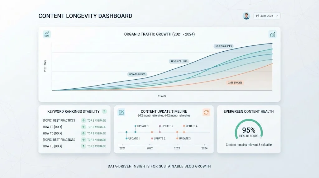 Minimalist UI mockup of a content longevity dashboard highlighting steady organic traffic curves, keyword rankings, and content update timelines.