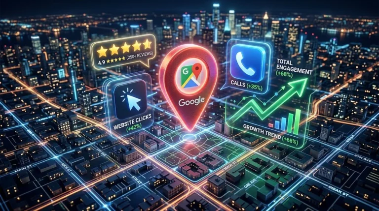 A high-resolution 3D visualization of a glowing Google Maps location pin floating over an interactive, glowing digital city grid at night. The pin is surrounded by floating, holographic performance analytics icons: 5-star reviews, click arrows, call buttons, and upward-trending green growth charts with data. The background is a sprawling metropolis.