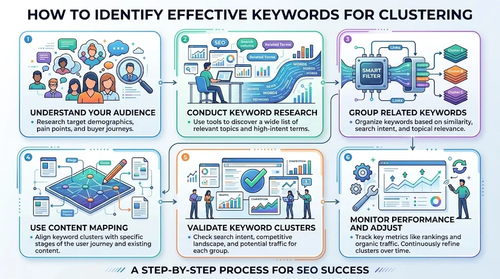 An infographic titled "HOW TO IDENTIFY EFFECTIVE KEYWORDS FOR CLUSTERING" displaying a 6-step SEO workflow