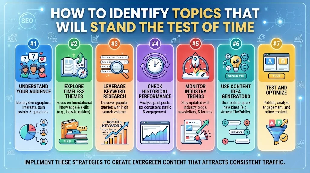 Infographic outlining seven steps to identify timeless topics for evergreen content, from understanding the audience to testing and optimization.
