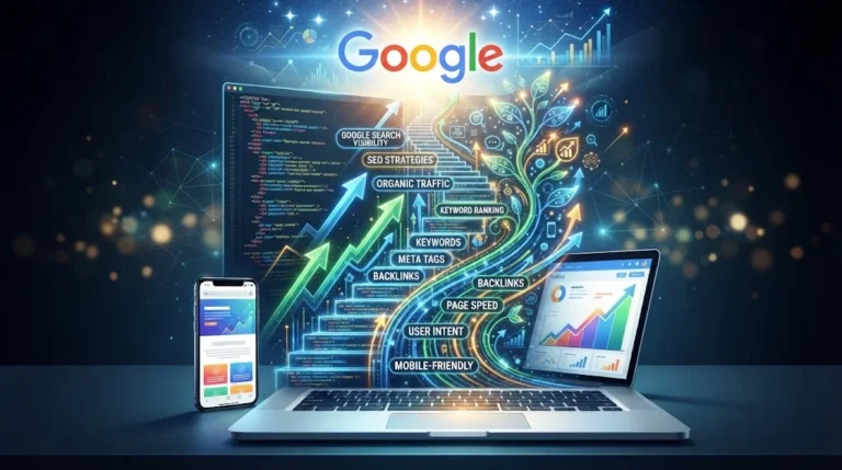 Digital illustration showing a laptop and smartphone connected to a glowing ascent of upward-trending arrows and floating SEO keyword tags.