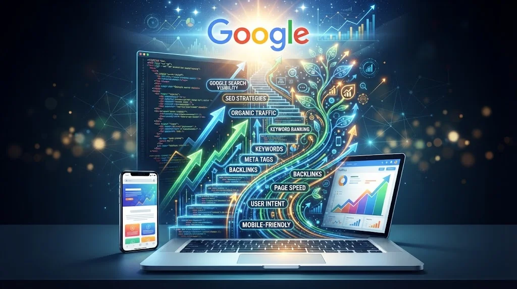 Digital illustration showing a laptop and smartphone connected to a glowing ascent of upward-trending arrows and floating SEO keyword tags.