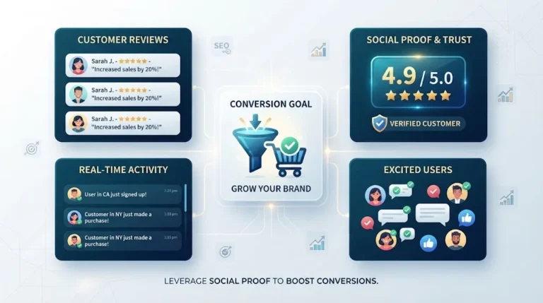 Stylish minimalist mockup featuring customer reviews, star ratings, and real-time activity notifications converging toward a central conversion goal.