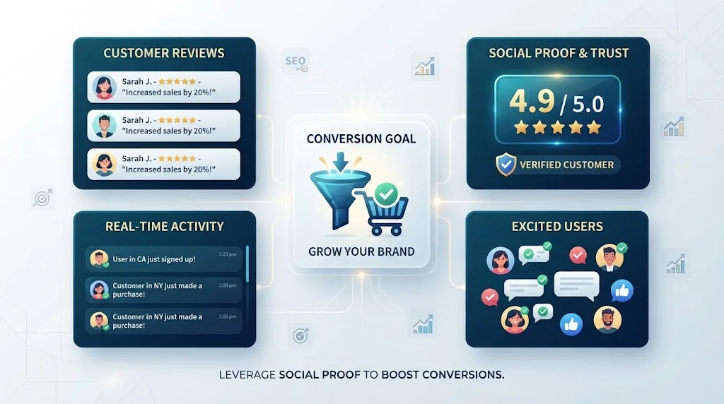 Stylish minimalist mockup featuring customer reviews, star ratings, and real-time activity notifications converging toward a central conversion goal.