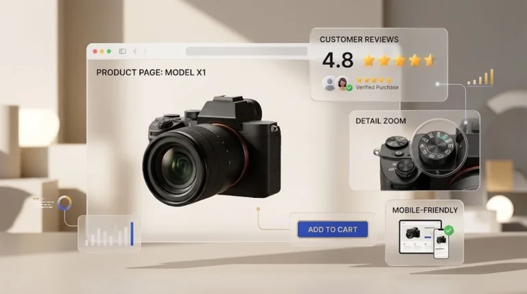 An e-commerce product page mockup inside a browser frame featuring a sleek camera, surrounded by floating glassmorphism cards that highlight 5-star customer reviews, a detailed zoom view, and a mobile-friendly icon.