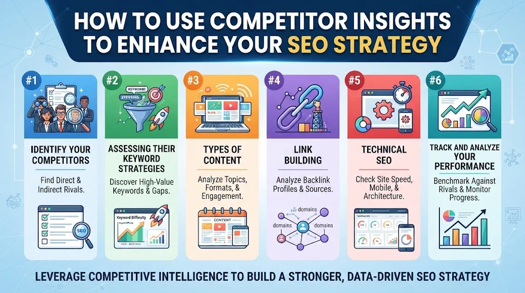 Infographic outlining six steps to use competitor insights to enhance SEO strategy: identify competitors, assess keyword strategies, analyze content types, examine link building, review technical SEO, and track performance.