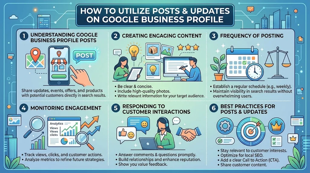An infographic titled "How to Utilize Posts & Updates on Google Business Profile" detailing six steps: Understanding Profile Posts, Creating Engaging Content, Frequency of Posting, Monitoring Engagement, Responding to Customer Interactions, and Best Practices.