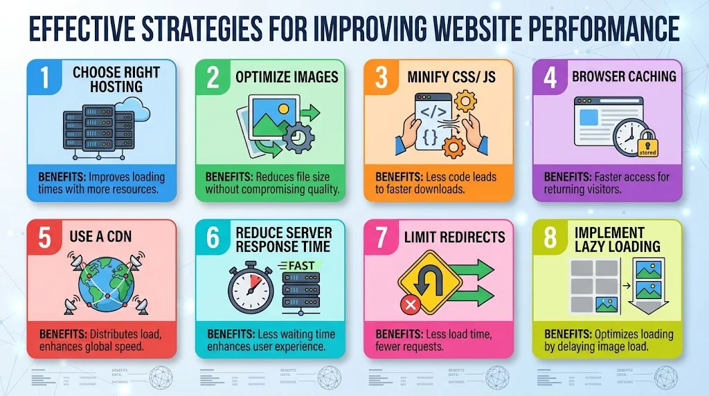 An infographic titled "EFFECTIVE STRATEGIES FOR IMPROVING WEBSITE PERFORMANCE" outlining eight numbered techniques and their benefits, from choosing hosting to implementing lazy loading.