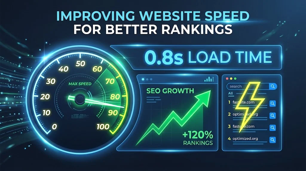 A high-performance digital dashboard featuring a glowing speedometer pinned to maximum speed, flanked by a 0.8s load time metric, an upward SEO growth chart, and a lightning bolt search results interface.