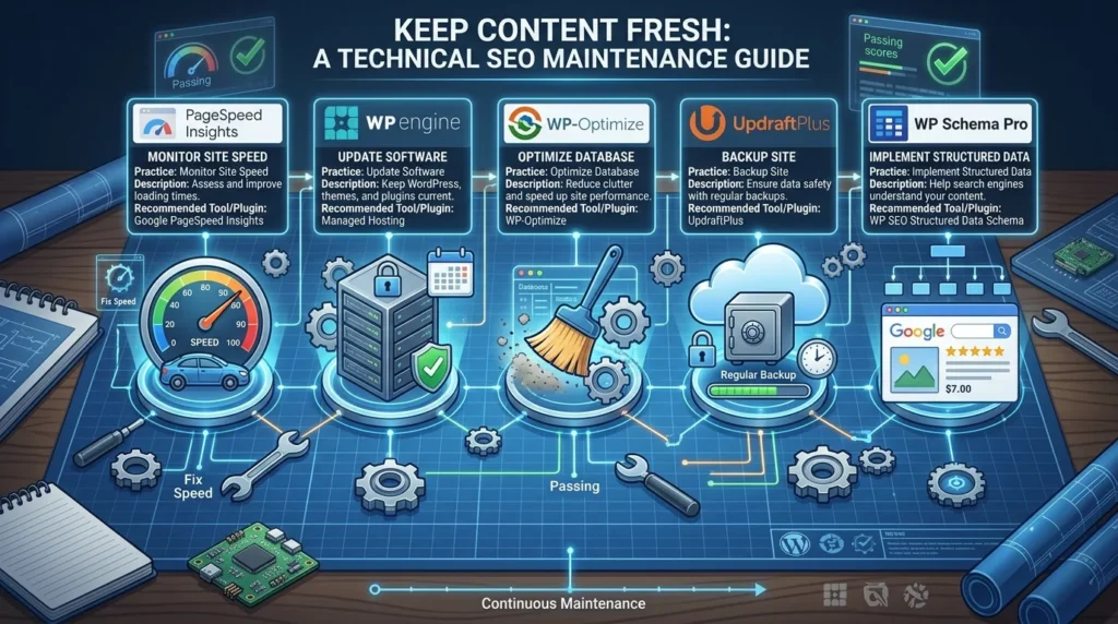 Infographic outlining post-audit WordPress SEO maintenance practices, including site speed monitoring, software updates, database optimization, site backups, and structured data implementation.