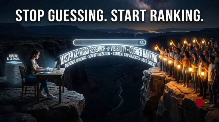 A conceptual image of a writer at a laptop connecting to a glowing crowd across a canyon via a search bar bridge.