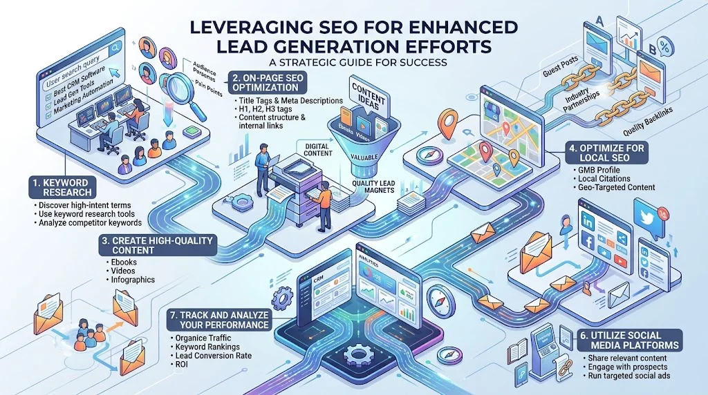 An isometric infographic illustrating a strategic guide for "Leveraging SEO for Enhanced Lead Generation Efforts.