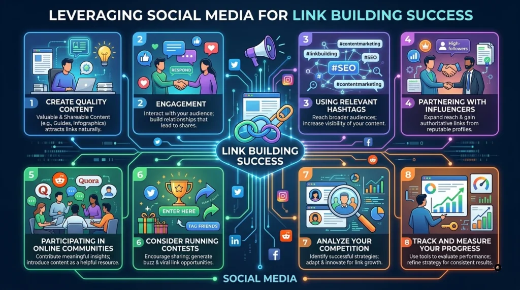 An 8-panel infographic detailing strategies for leveraging social media for link building success.