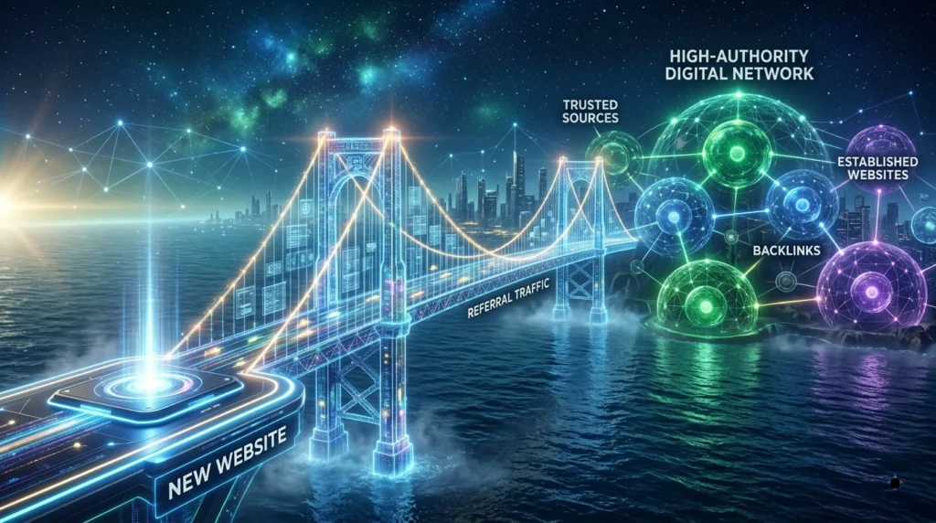 3D illustration of a glowing digital bridge connecting a new website platform to high-authority web nodes.