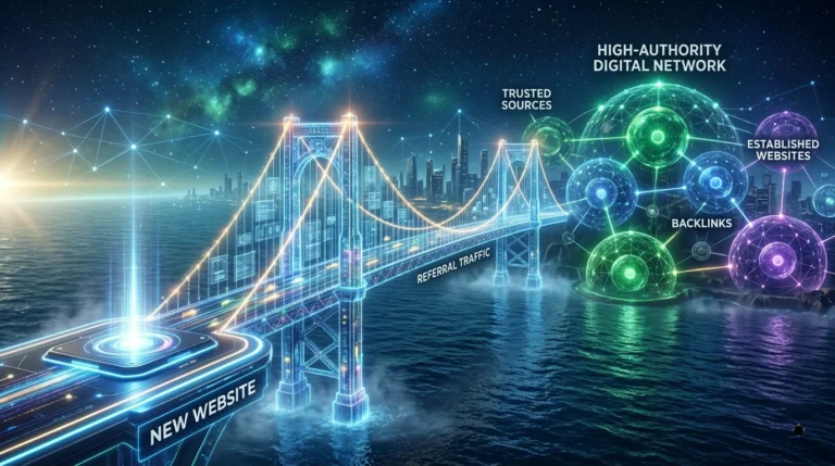 3D illustration of a glowing digital bridge connecting a new website platform to high-authority web nodes.