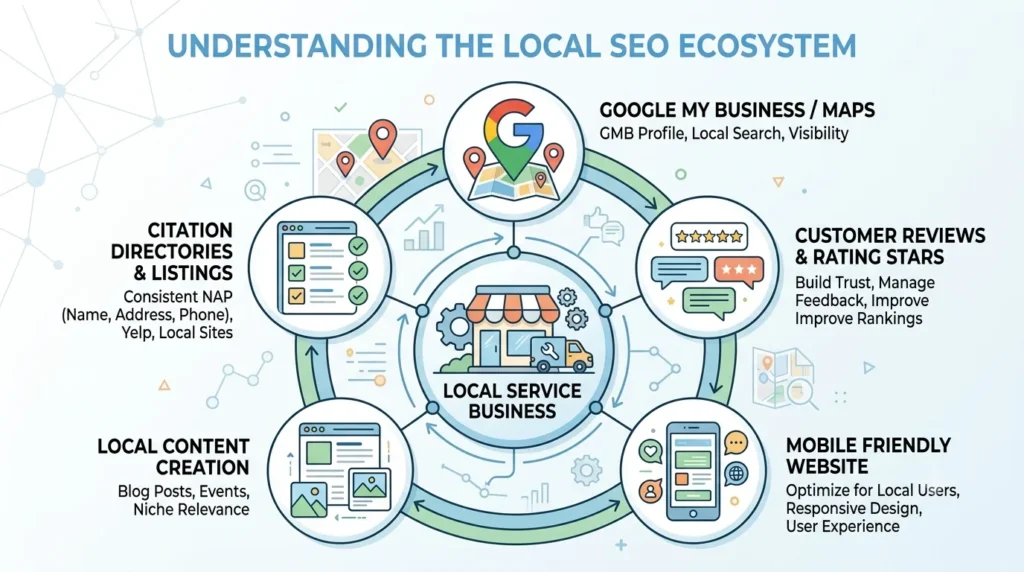 Infographic diagram showing the Local SEO Ecosystem with central business icon connected to five key pillars.