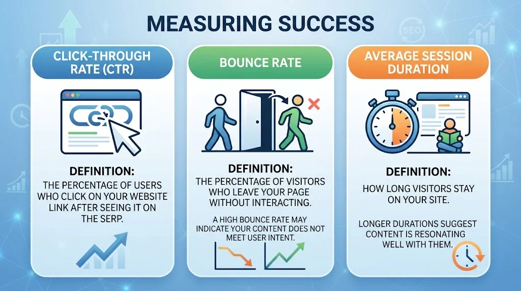 Infographic breaking down three key SEO metrics: Click-Through Rate (CTR), Bounce Rate, and Average Session Duration.
