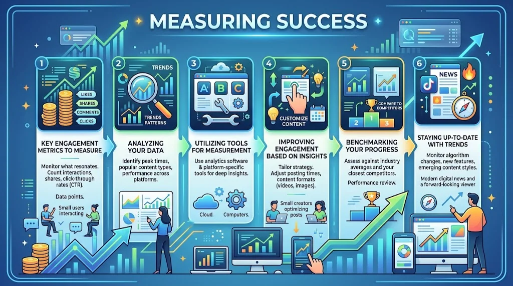 An infographic titled "MEASURING SUCCESS" featuring a six-step process for tracking social media performance: Key Engagement Metrics, Analyzing Your Data, Utilizing Tools, Improving Engagement, Benchmarking Progress, and Staying Up-to-Date with Trends.