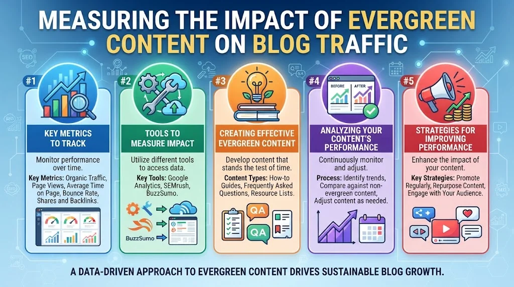Infographic outlining five pillars for measuring and improving evergreen content: key metrics, measurement tools, content creation, performance analysis, and improvement strategies.