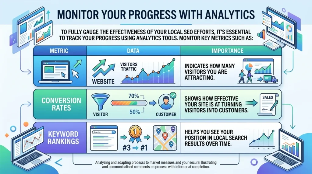 Infographic: Monitor Your Local SEO Progress with Analytics, featuring metrics like Website Traffic, Conversion Rates, and Keyword Rankings.