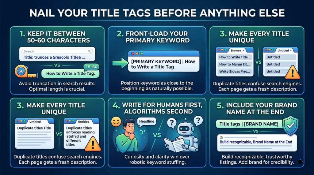 Infographic outlining 5 best practices for optimizing SEO title tags.