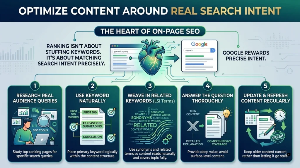 Infographic detailing 5 key strategies for optimizing web content around search intent.