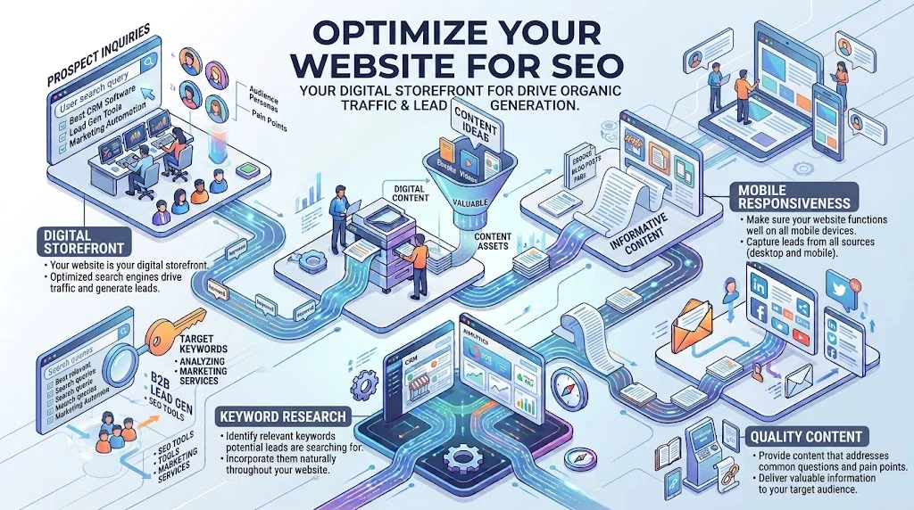 An isometric infographic illustrating steps for website SEO optimization.