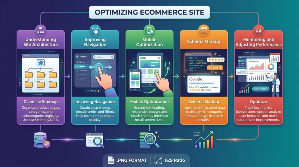 5-step infographic showing ecommerce optimization: Site Architecture, Navigation, Mobile UX, Schema Markup, and Performance Tracking.