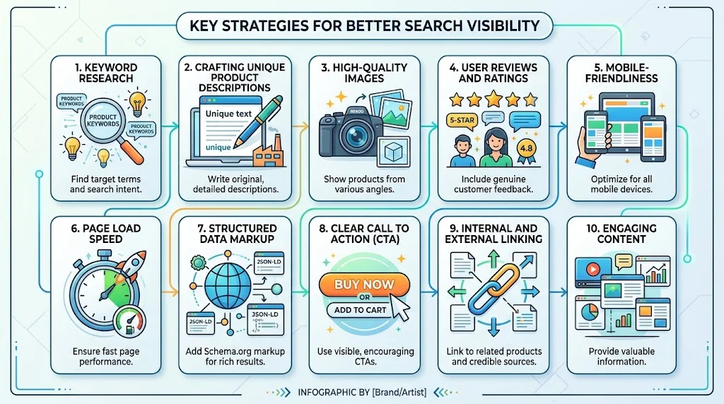 An infographic displaying 10 key strategies for optimizing product pages to boost ecommerce search visibility, including keyword research, unique descriptions, mobile responsiveness, page speed, and clear CTAs.
