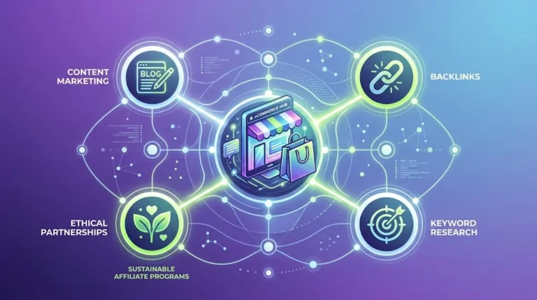 An infographic illustrating an Ecosystem of Ecommerce, featuring a central digital store surrounded by interconnected nodes for content marketing, backlinks, keyword research, and Sustainable Affiliate Programs.