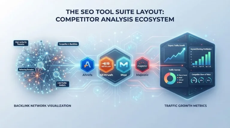 Modern graphic showcasing SEO tool suites like Ahrefs, SEMrush, and Moz linked to a backlink network visualization and traffic growth metrics.