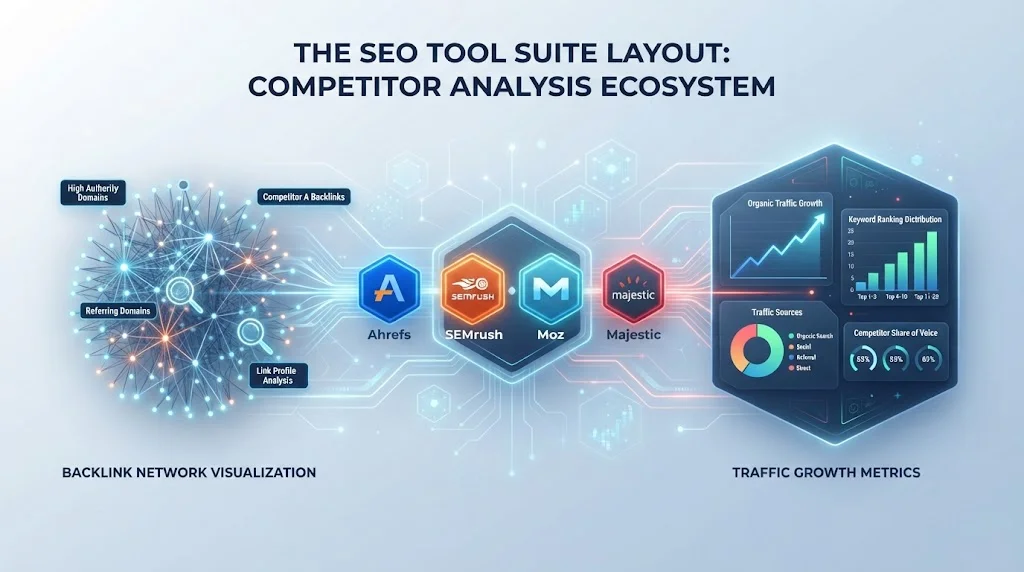 Modern graphic showcasing SEO tool suites like Ahrefs, SEMrush, and Moz linked to a backlink network visualization and traffic growth metrics.