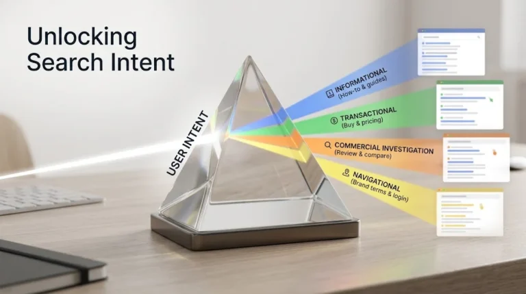 A glass prism on a minimalist desk refracting a white light beam labeled "User Intent" into colorful beams representing search intent categories, with the headline "Unlocking Search Intent."
