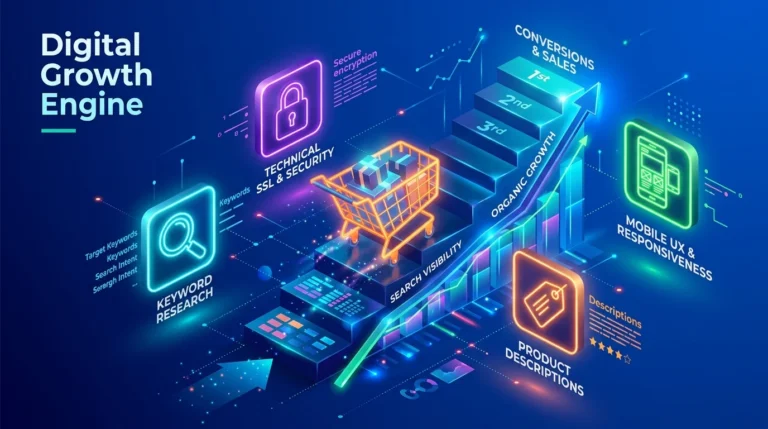 Isometric 3D graphic showing a shopping cart traveling up a glowing SEO growth chart surrounded by digital marketing icons.