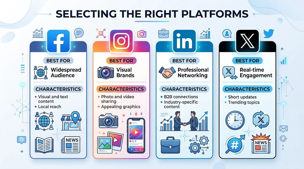 A horizontal infographic titled "SELECTING THE RIGHT PLATFORMS" comparing Facebook, Instagram, LinkedIn, and X (formerly Twitter). Four colored columns detail each platform with logos, icons, "BEST FOR," and "CHARACTERISTICS."