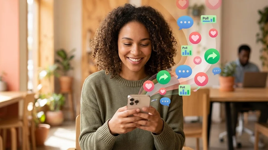 Woman smiling at a smartphone with colorful social media icons floating around the screen.