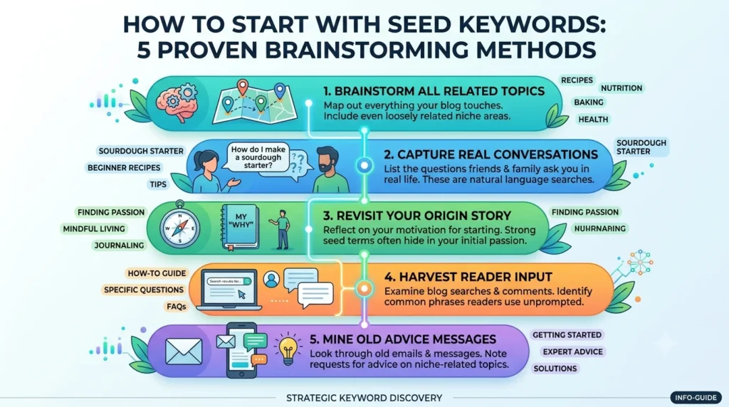 An infographic titled "HOW TO START WITH SEED KEYWORDS: 5 PROVEN BRAINSTORMING METHODS" presenting a step-by-step process for discovering new content ideas.