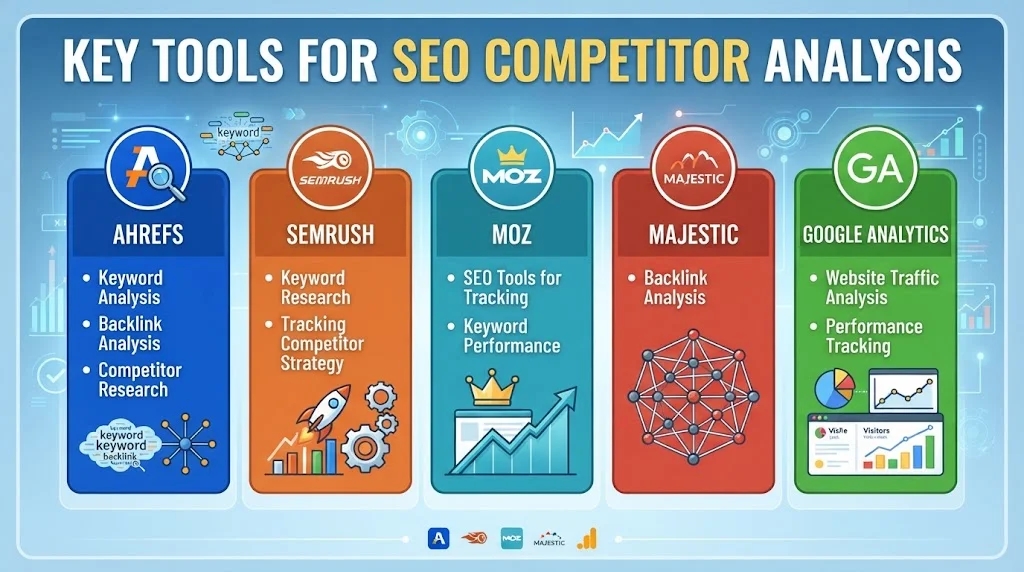Infographic displaying key tools for SEO competitor analysis—Ahrefs, SEMrush, Moz, Majestic, and Google Analytics—along with their specific purposes.