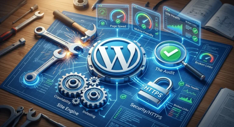 A 3D WordPress logo on a technical blueprint surrounded by tools like a glowing wrench, magnifying glass, and a padlock representing a technical SEO audit.