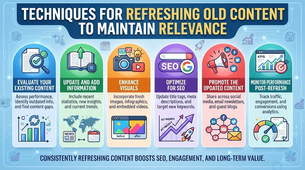 Infographic detailing six techniques for refreshing old content to maintain relevance: evaluate, update information, enhance visuals, optimize for SEO, promote, and monitor performance.