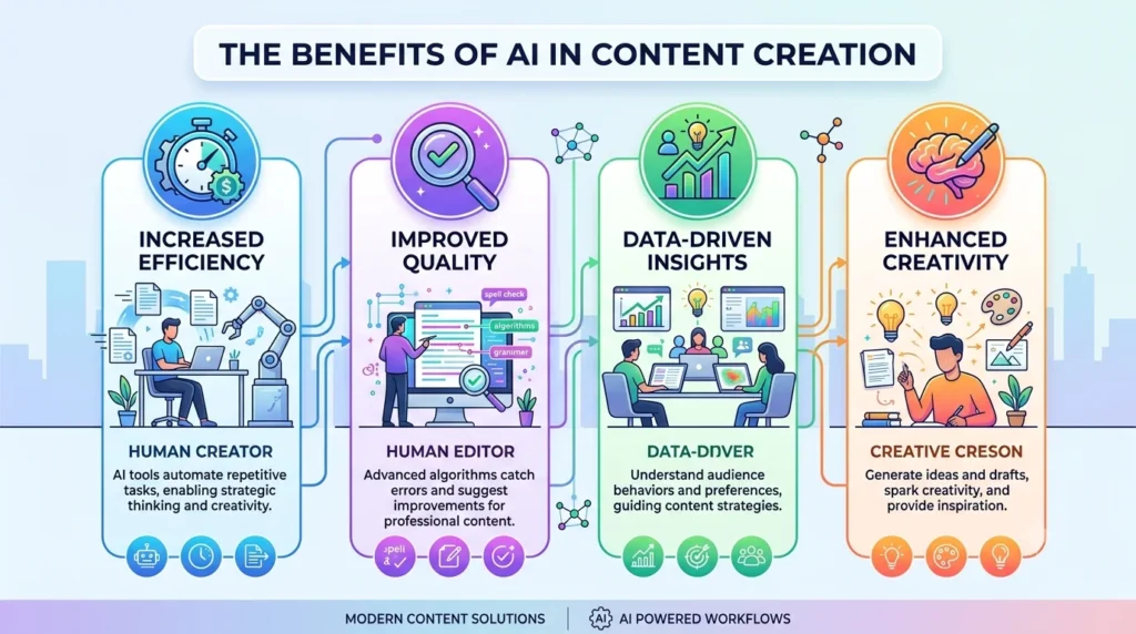 An infographic titled "THE BENEFITS OF AI IN CONTENT CREATION," with four colored, illustrative columns: INCREASED EFFICIENCY (Human Creator with automation), IMPROVED QUALITY (Human Editor with corrections), DATA-DRIVEN INSIGHTS (Data-Driven with analytics), and ENHANCED CREATIVITY (Creative Person with ideas).