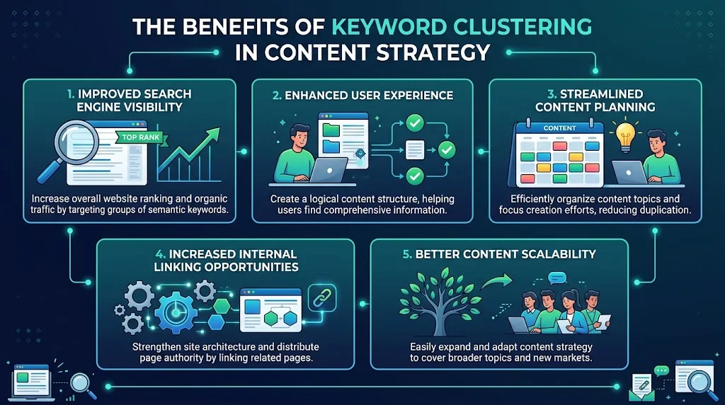 An infographic titled "THE BENEFITS OF KEYWORD CLUSTERING IN CONTENT STRATEGY" outlining 5 core advantages: 1. Improved Search Engine Visibility, 2. Enhanced User Experience, 3. Streamlined Content Planning, 4. Increased Internal Linking Opportunities, and 5. Better Content Scalability.