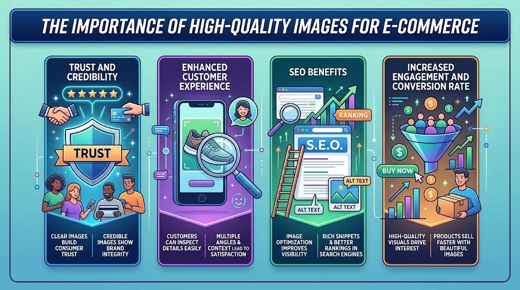 An infographic titled "THE IMPORTANCE OF HIGH-QUALITY IMAGES FOR E-COMMERCE" presenting four key pillars: Trust and Credibility, Enhanced Customer Experience, SEO Benefits, and Increased Engagement and Conversion Rate, each illustrated with modern digital graphics and descriptive text.