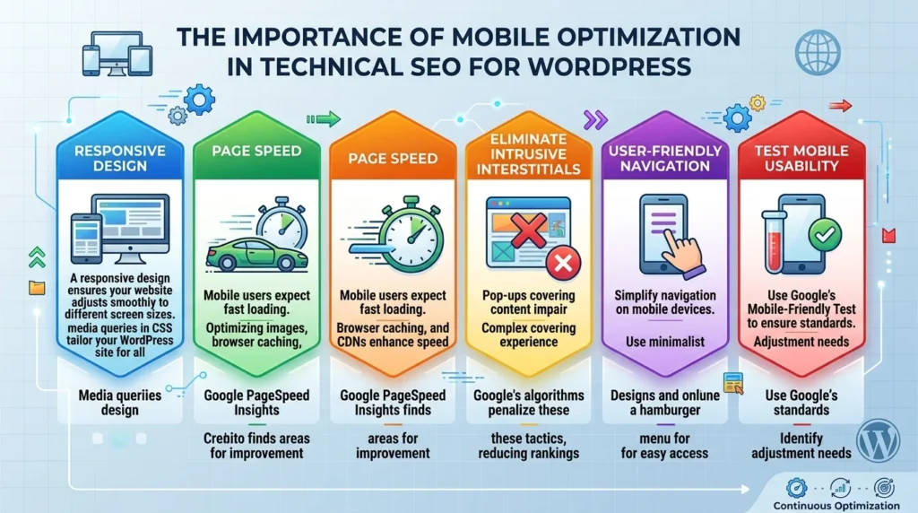 Infographic highlighting five mobile optimization practices for WordPress technical SEO: responsive design, page speed, eliminating intrusive pop-ups, user-friendly navigation, and mobile usability testing.