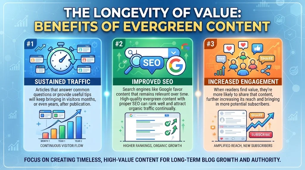 Infographic highlighting the longevity of value in evergreen content: sustained traffic, improved SEO, and increased engagement.