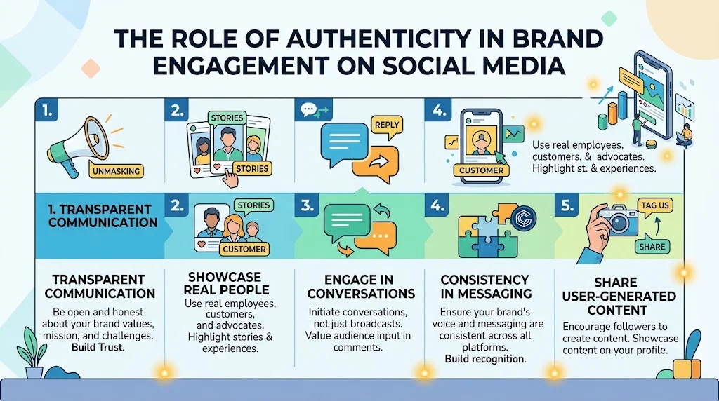 An infographic titled 'The Role of Authenticity in Brand Engagement on Social Media' presenting a five-step strategy. It includes steps for transparent communication, showcasing real people, engaging in conversations, consistency in messaging, and sharing user-generated content, each accompanied by icons and descriptive text.